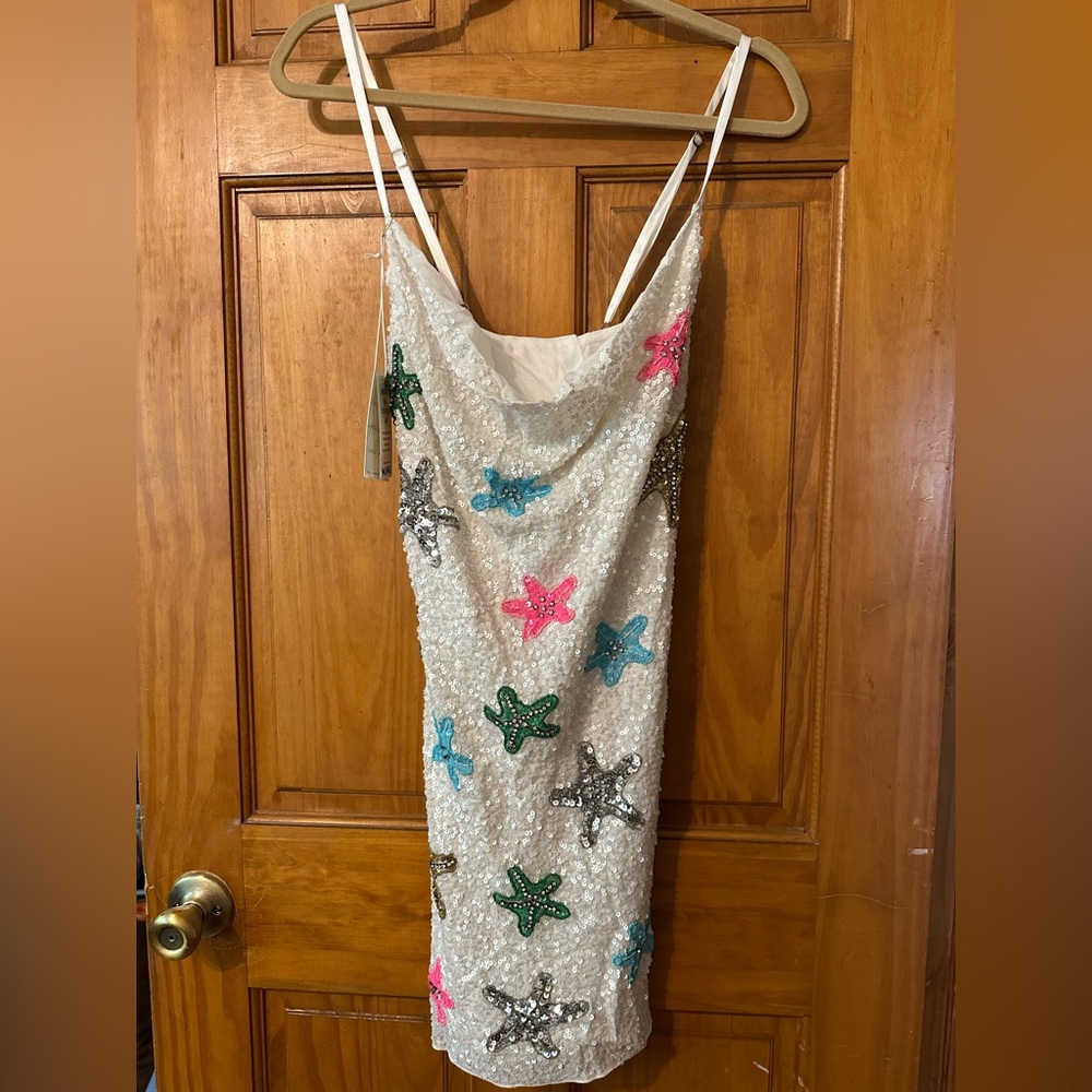 NWT Show Me Your MuMu White Sequin Multi-Color Star Spaghetti Strap Slip Dress